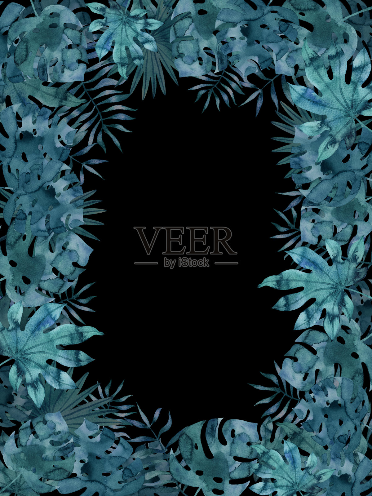 垂直矩形深色框架模板与水彩热带树叶。异国情调的手绘插图在黑色的背景。插画图片素材