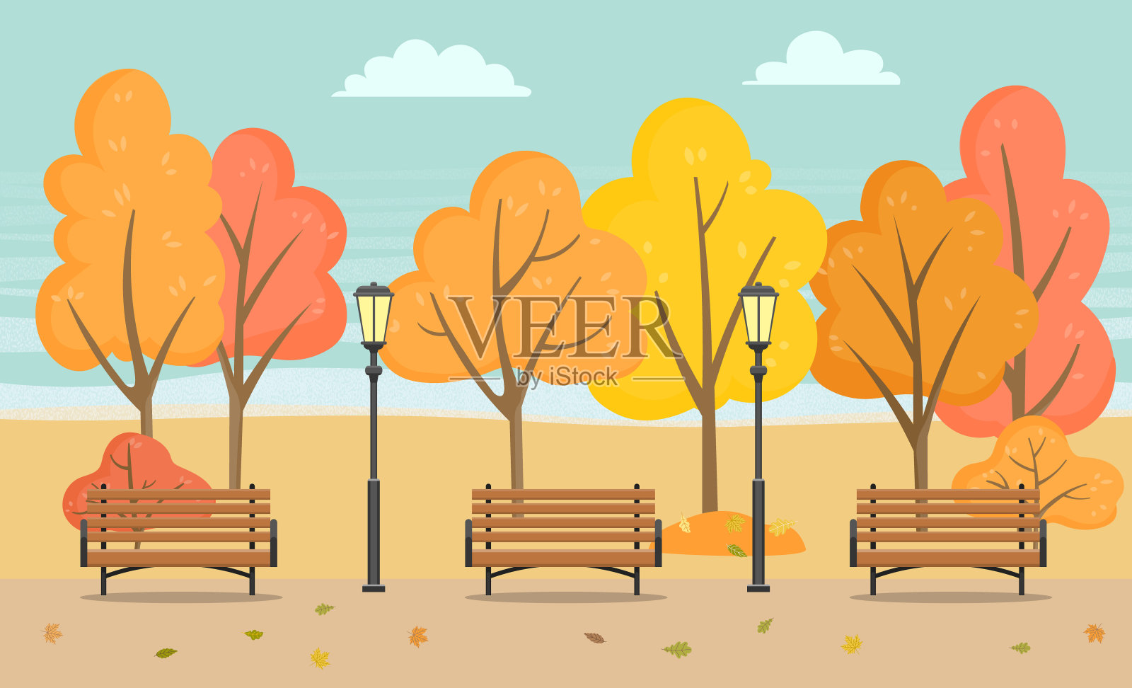 长凳和树木，秋季在公园向量插画图片素材