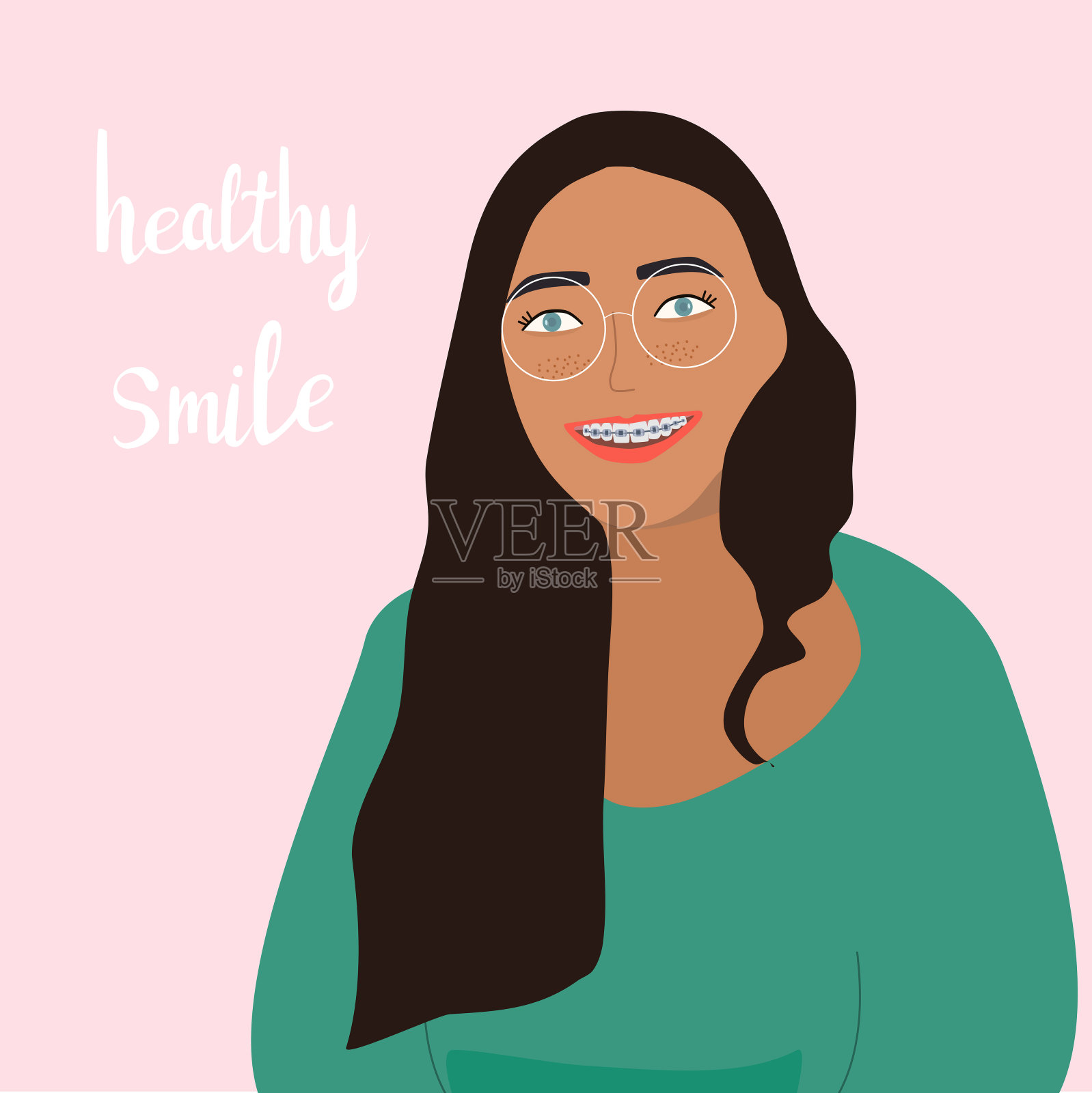 尤特年轻女子微笑着牙套她的牙齿。正畸健康日常生活理念。咬合矫正，口腔护理。插画图片素材