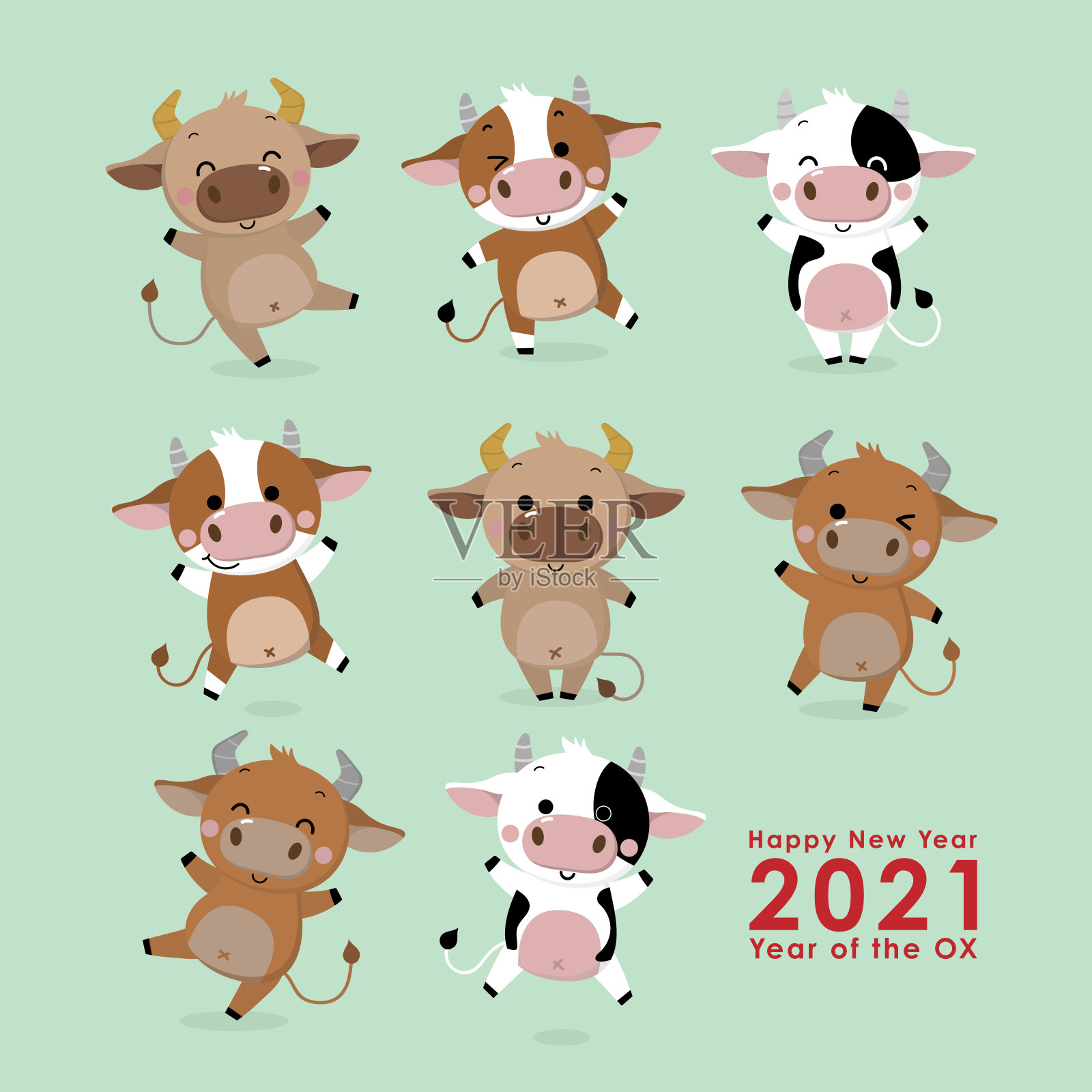 2021年新年快乐贺卡。牛年，可爱的牛和卡通人物公牛。向量插画图片素材