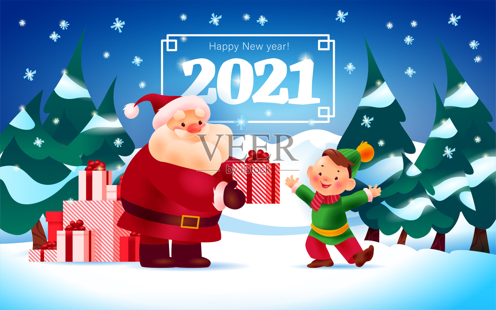圣诞快乐和2021年新年快乐插图与圣诞老人在冬季森林景观上给小男孩微笑。插画图片素材