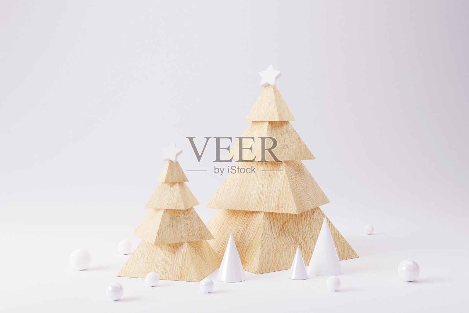 木质圣诞树与几何上的白色背景。节日快乐。新年最小概念，复制空间。3 d渲染。照片摄影图片