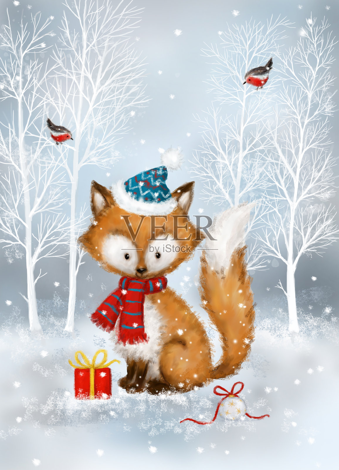 戴着帽子的狐狸和圣诞礼物在伍德，圣诞快乐设计元素图片