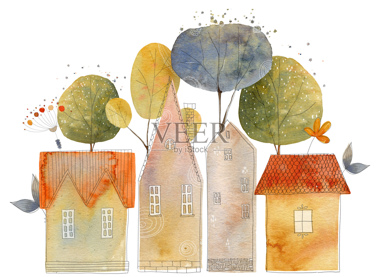 水彩画夏天或春天用树、花和叶子的房子。插画图片素材