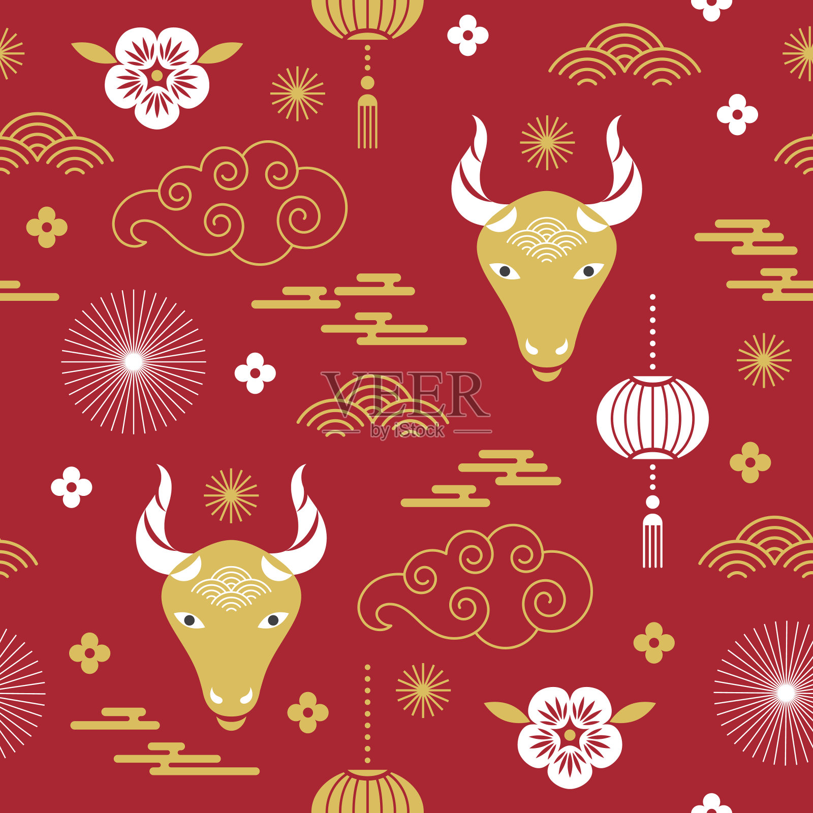 无缝模式。中国新年快乐。牛年。插画图片素材