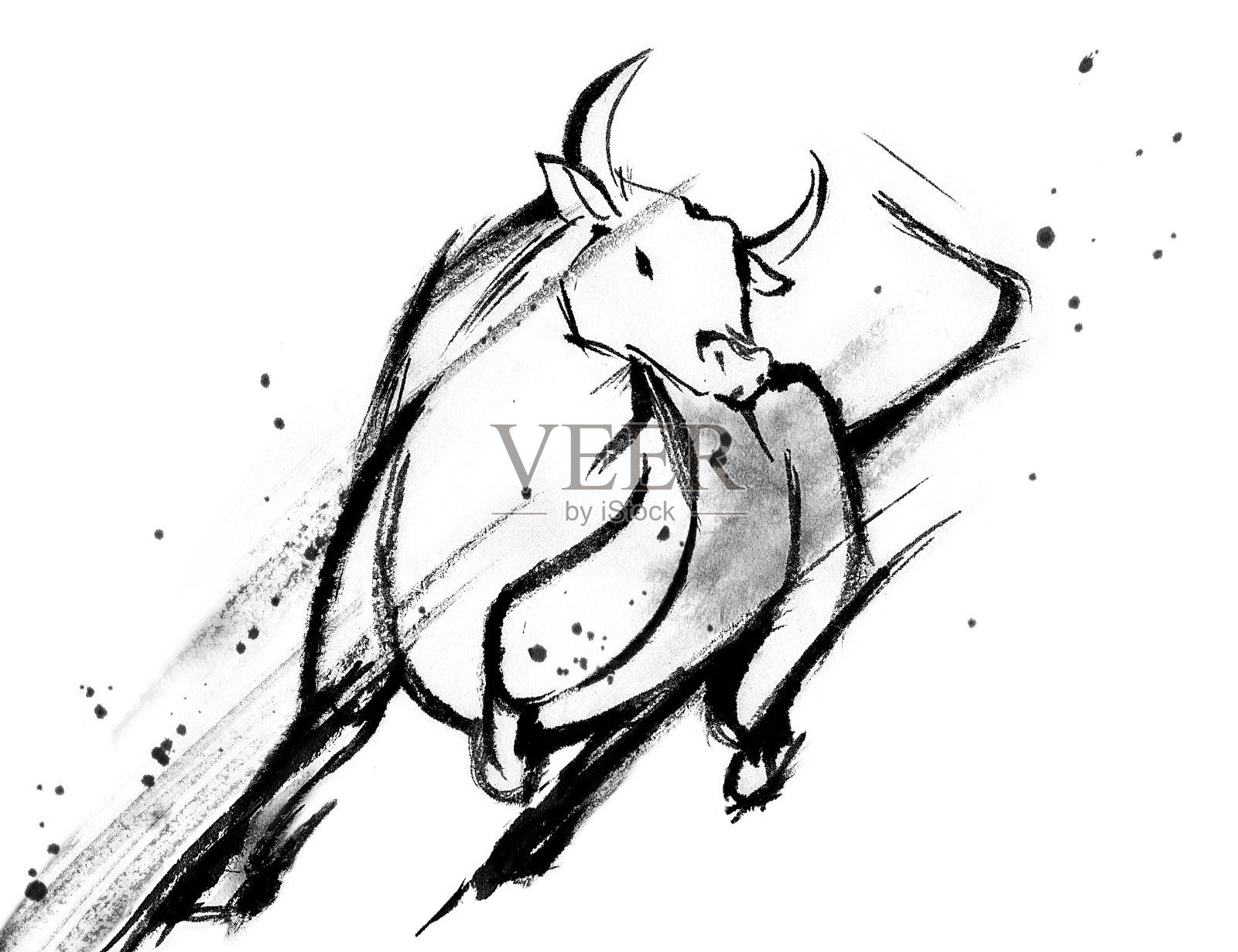 一幅动作活泼的公牛水墨画插画图片素材