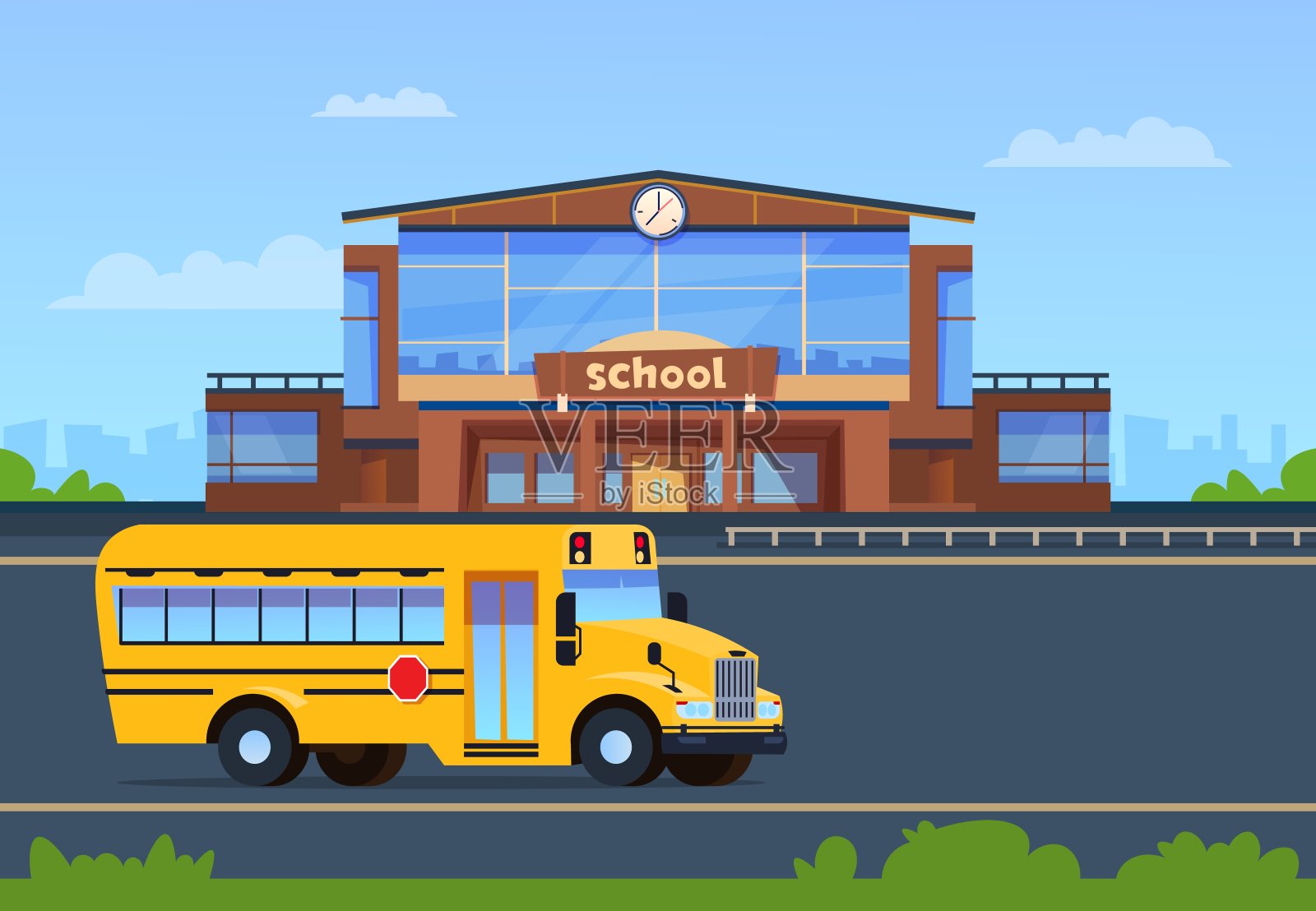 学校建筑。学院外面有黄色的公交车。教育背景。小学向量概念插画图片素材
