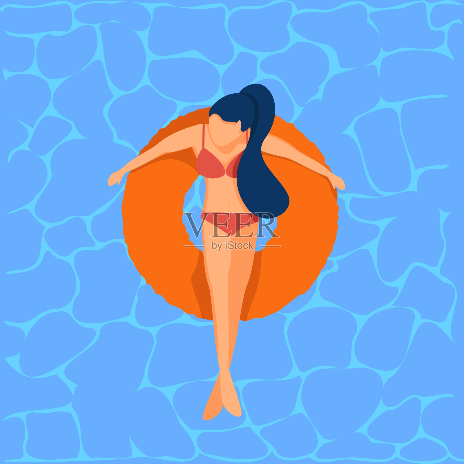 年轻漂亮的女孩穿着比基尼在一个橡胶圈上游泳在热带海洋。暑假的概念。“r”n插画图片素材
