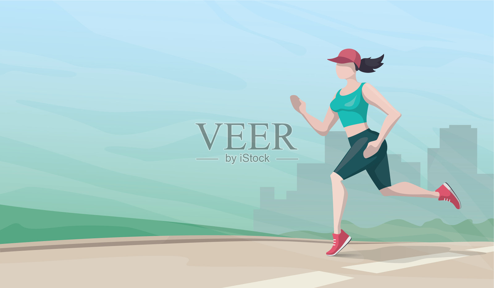以城市景观为背景的跑步女性插画图片素材