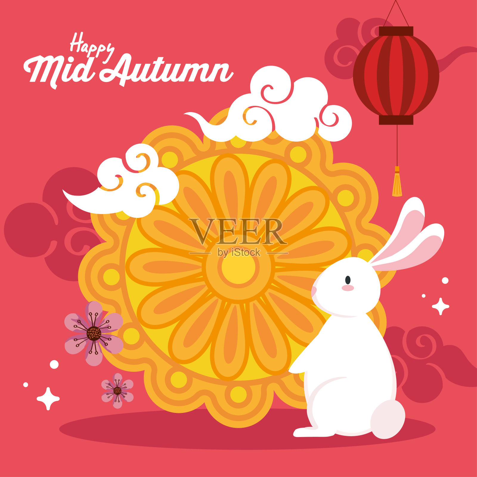 月饼以兔子和云朵为载体设计中秋快乐插画图片素材