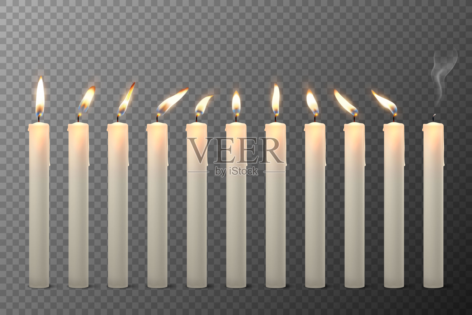 矢量3d现实白色石蜡或蜡燃烧蜡烛与不同的火焰图标设置特写孤立在透明背景。设计模板,剪纸艺术插画图片素材