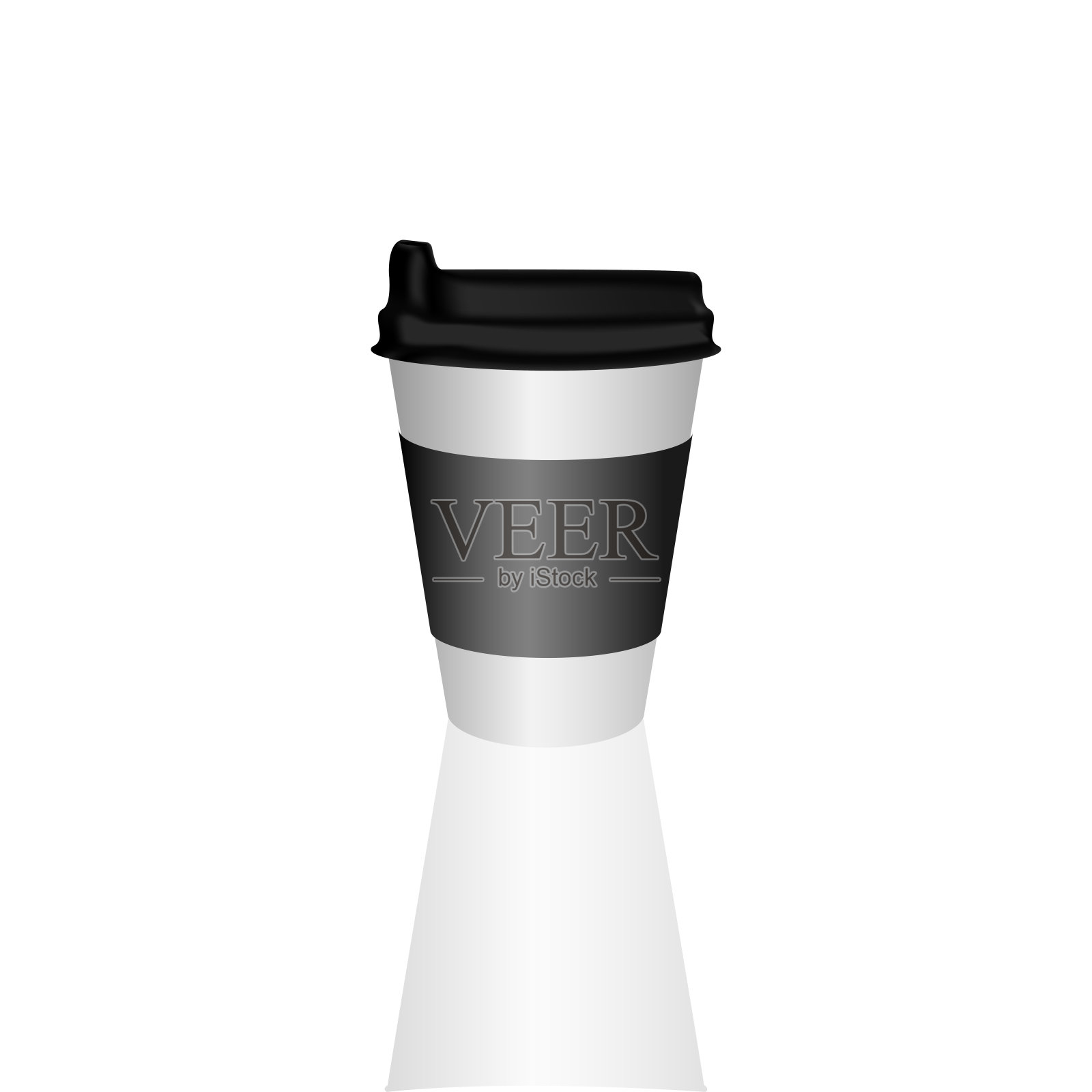 外卖热咖啡杯，可以是任何一种热饮，如热绿茶拿铁，热拿铁咖啡或卡布奇诺，白色纸杯，黑色套筒，盖子和白色背景的阴影设计元素图片