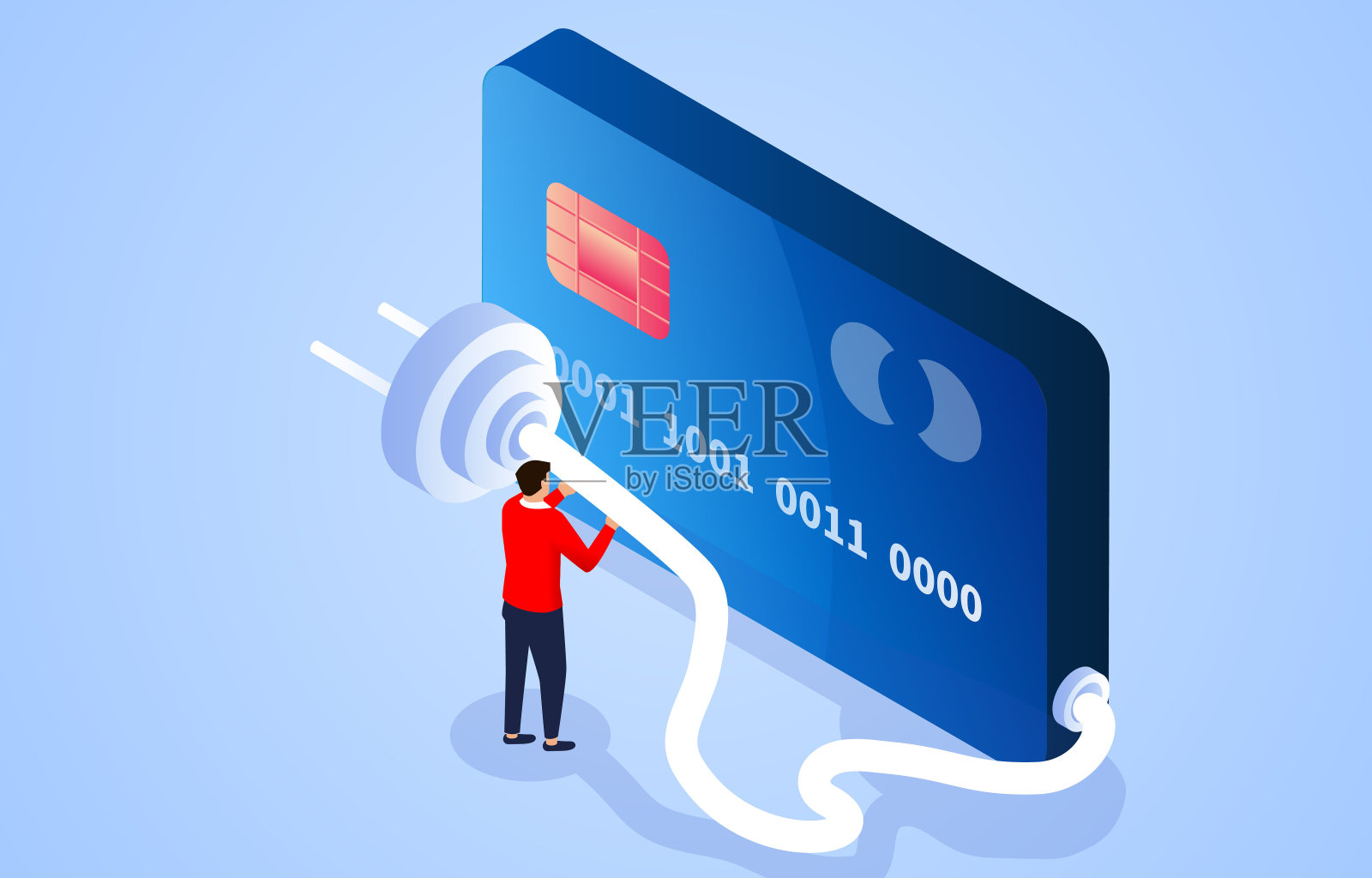 信用卡消费充值，商家手持插头充值信用卡插画图片素材