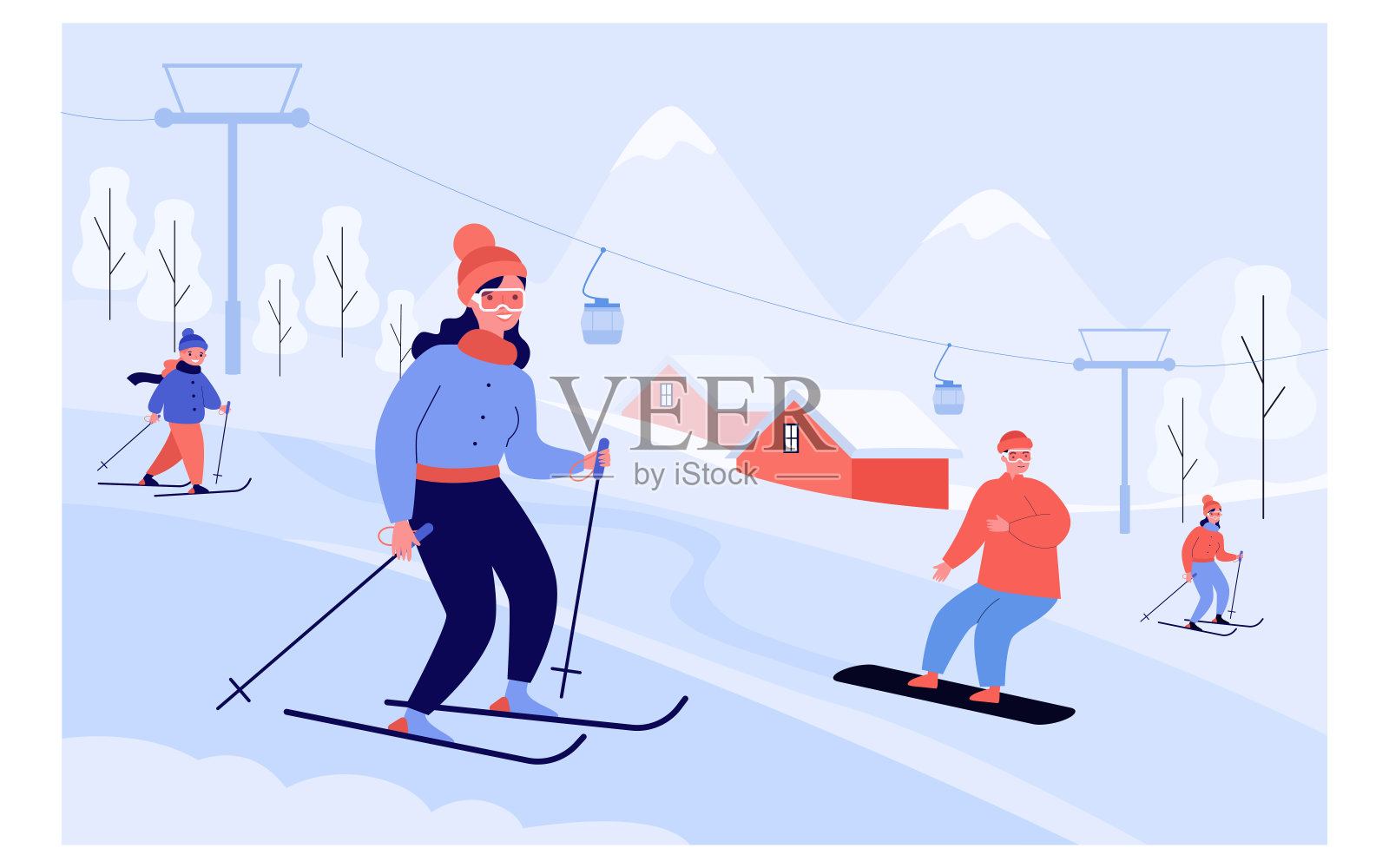 快乐的人们带着孩子滑雪和滑板插画图片素材
