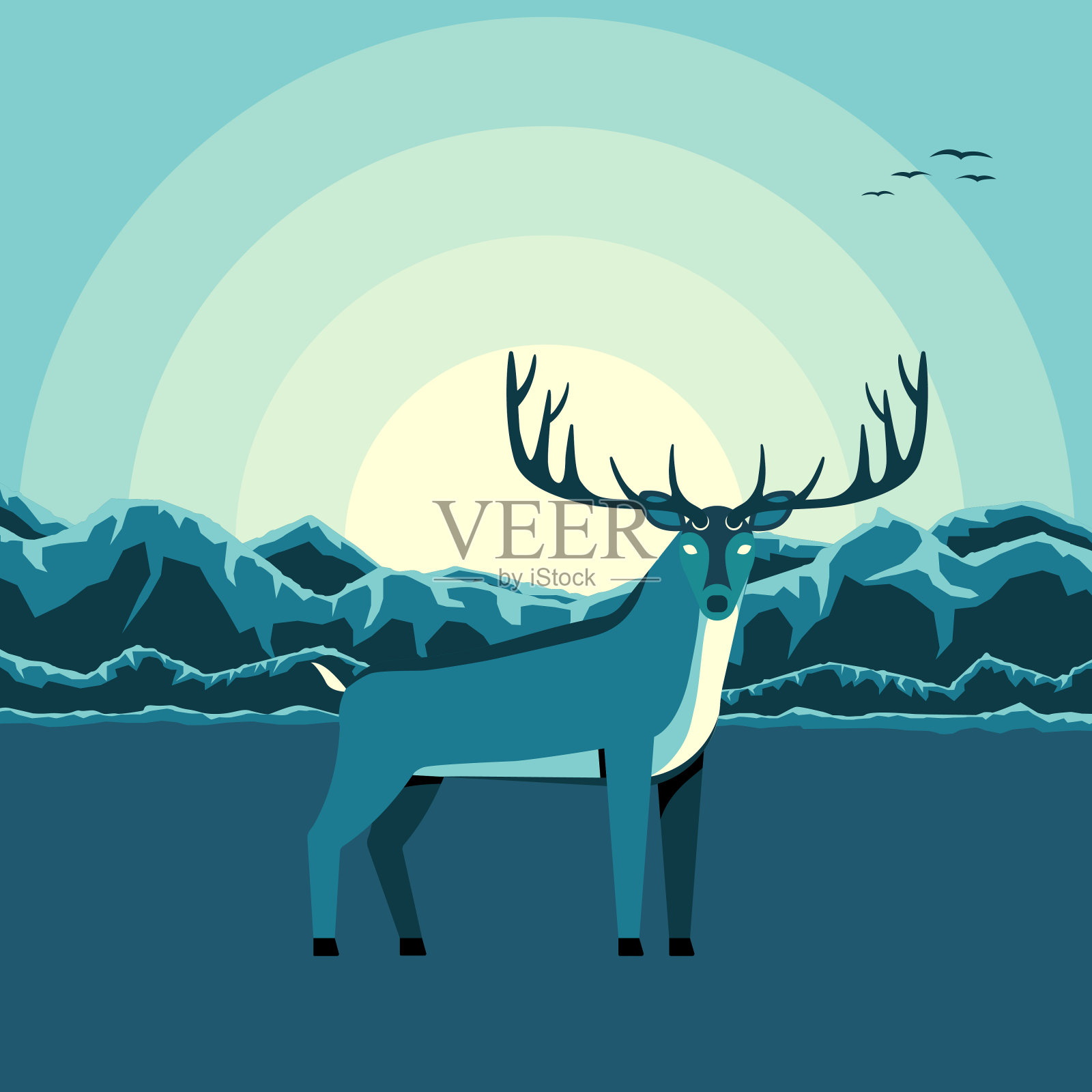 日落背景上的驯鹿。矢量插图在蓝色色调。插画图片素材