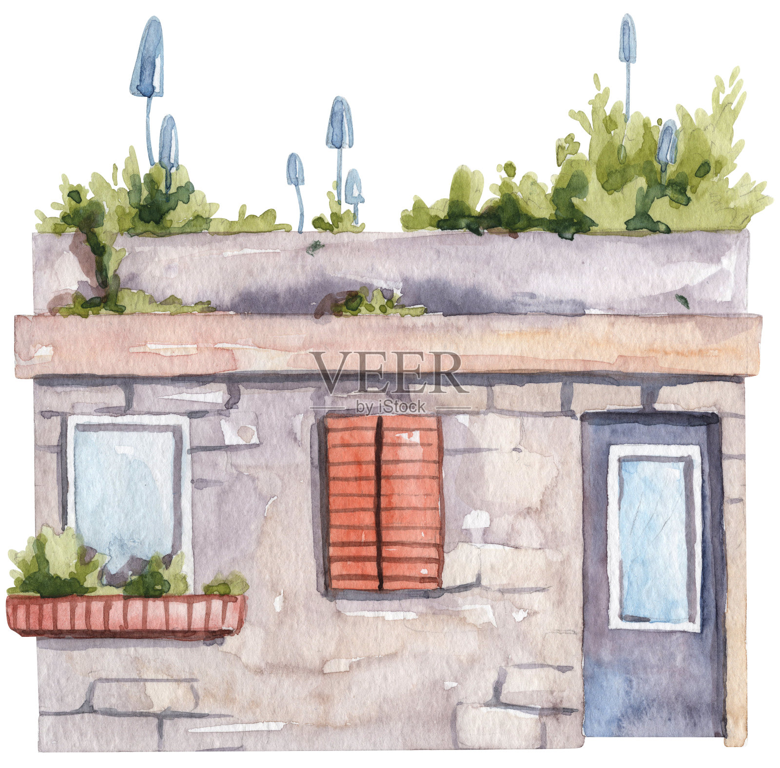 水彩手绘房子，窗户上有百叶窗，阳台上有花园插画图片素材