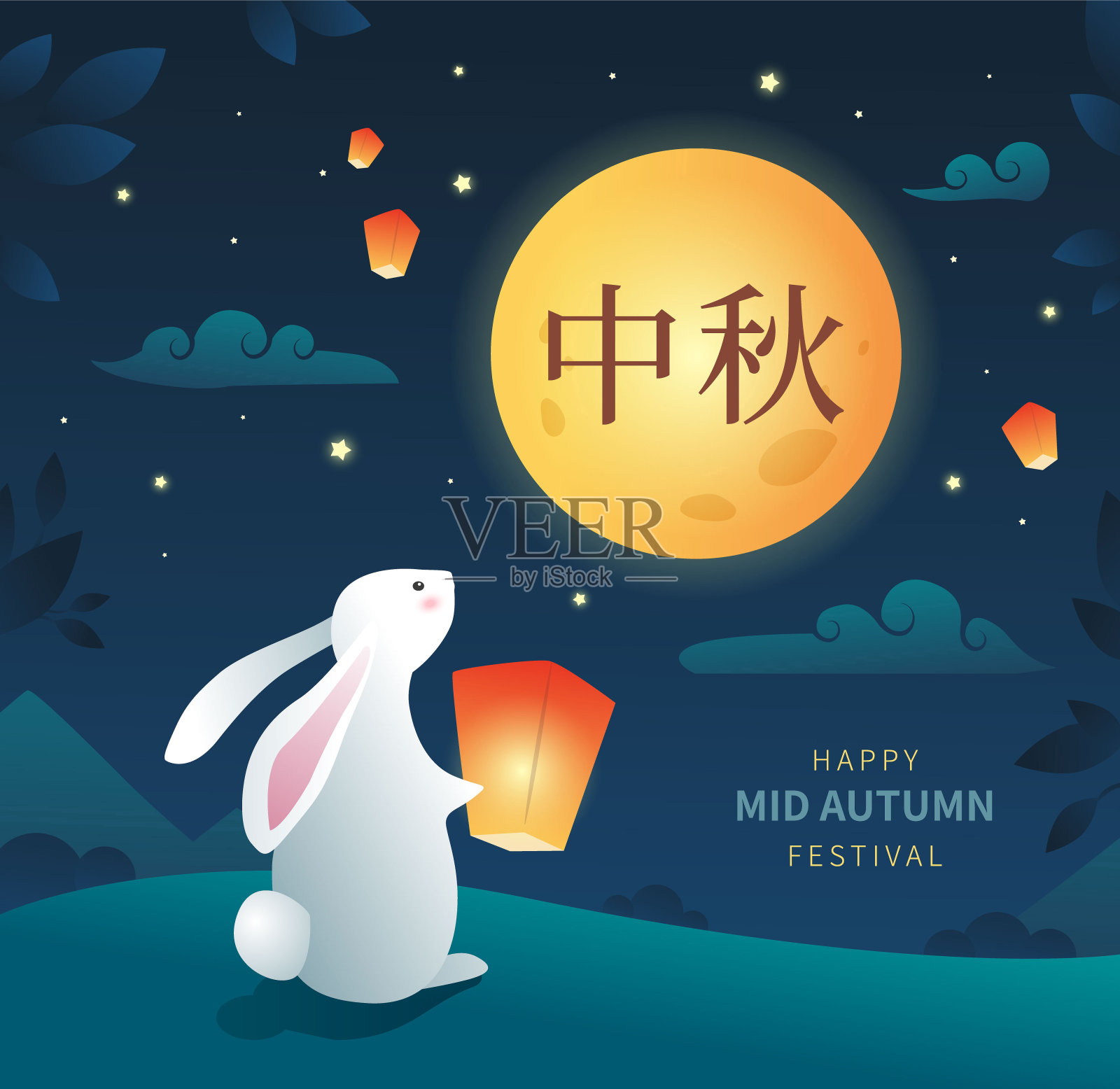 可爱的中秋贺卡或横幅插图。在中国的中秋节庆祝活动中，兔子和天灯看着满月。——矢量设计模板素材