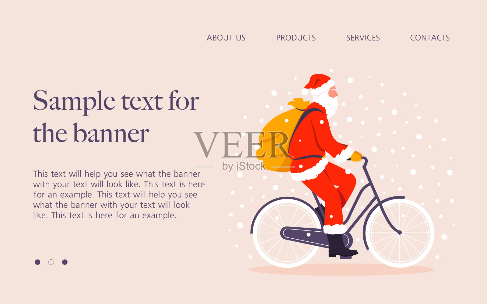 一位装扮成圣诞老人的老人在大雪中骑自行车。圣诞节的网站。插画图片素材