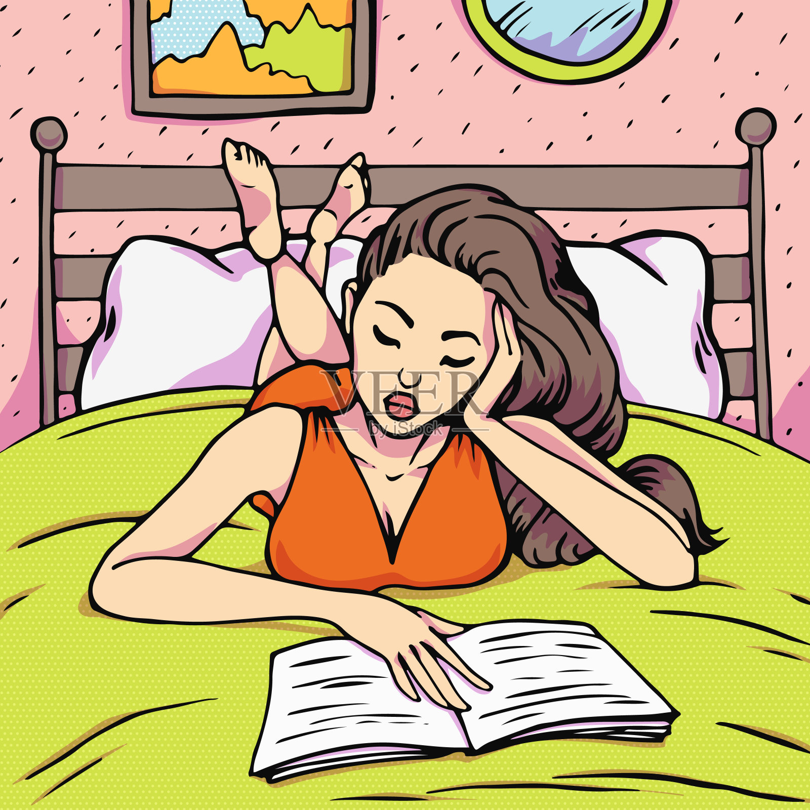 亚洲女人躺在床上看书，在家学习流行艺术矢量插图在复古漫画风格插画图片素材