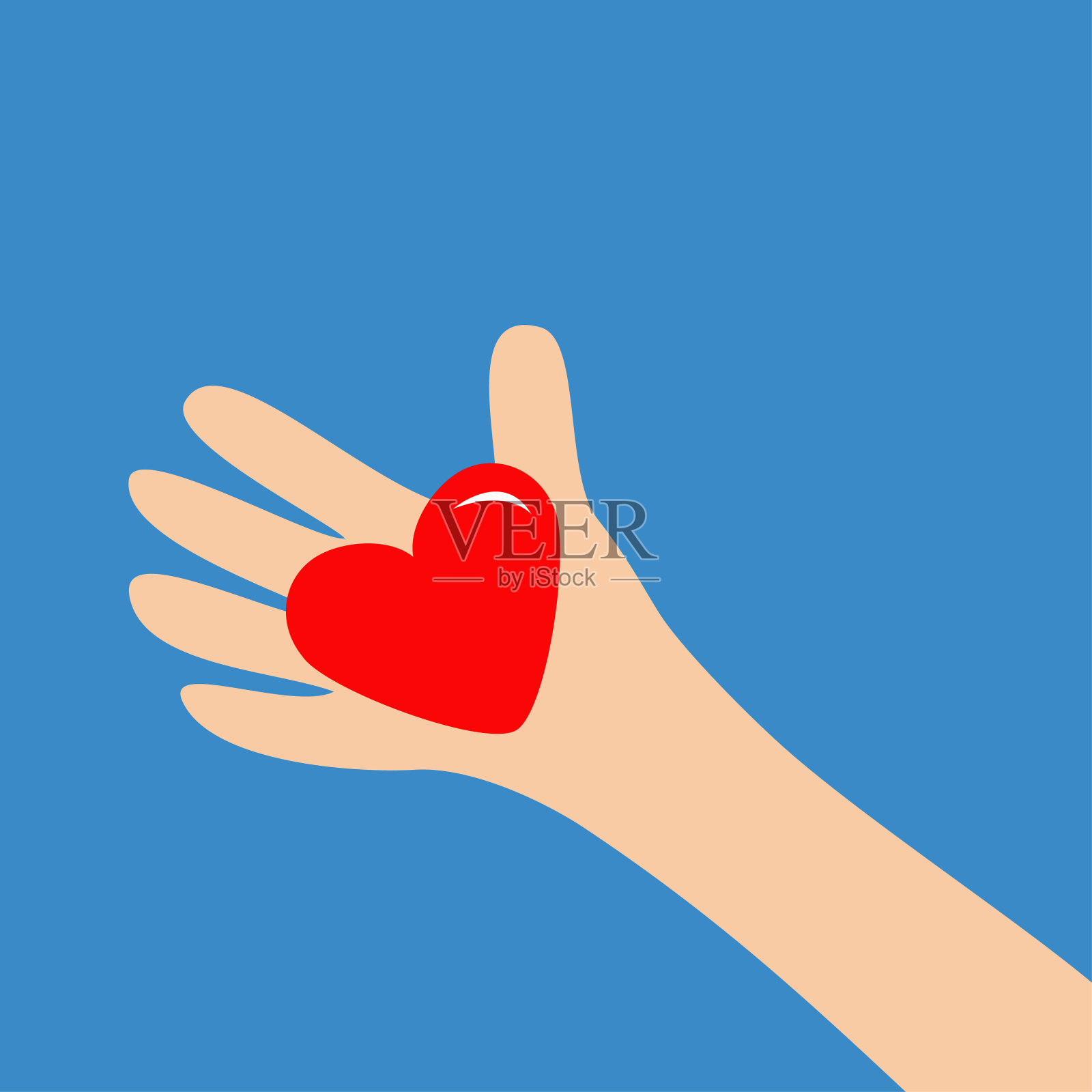 人的手挽着红红的心形标志。关闭身体部分。情人节快乐。贺卡。平面设计风格。爱灵魂礼物概念。蓝色背景。孤立。插画图片素材