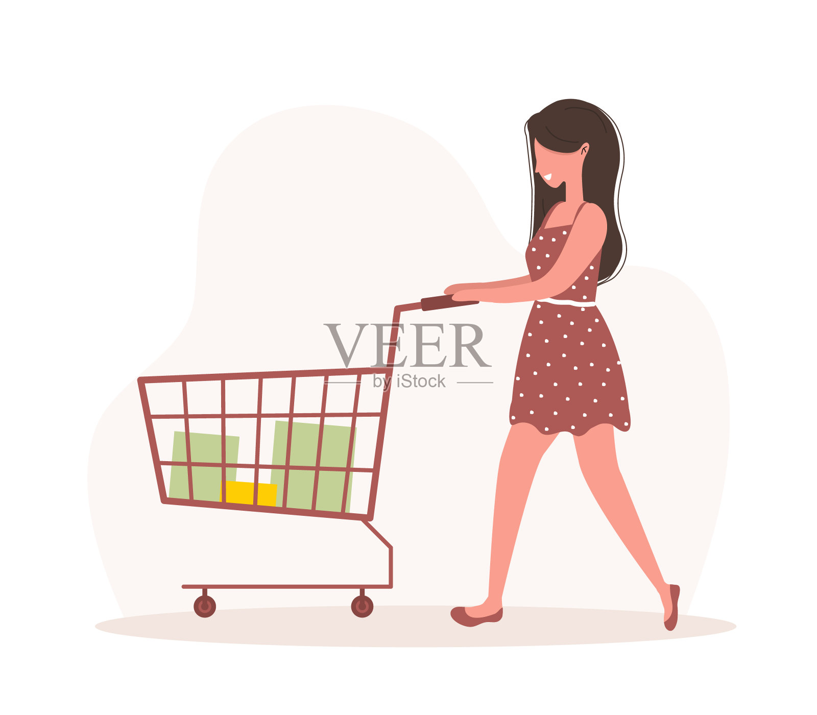 女人购物。快乐的女孩推车和袋子。矢量卡通插图孤立的白色背景。促销和销售模板。设计元素图片