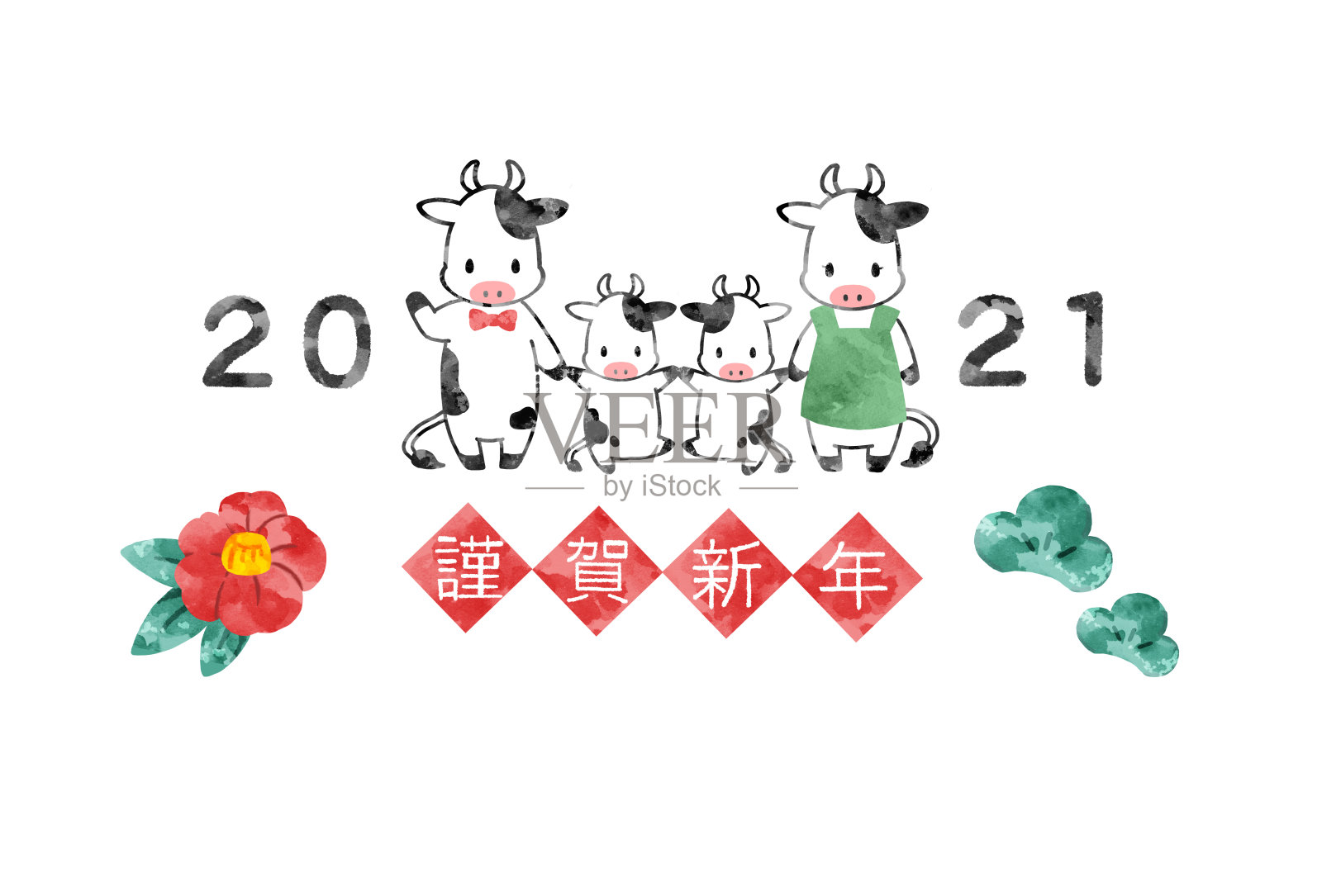 2021年贺年卡材料水彩风格可爱牛插画插画图片素材