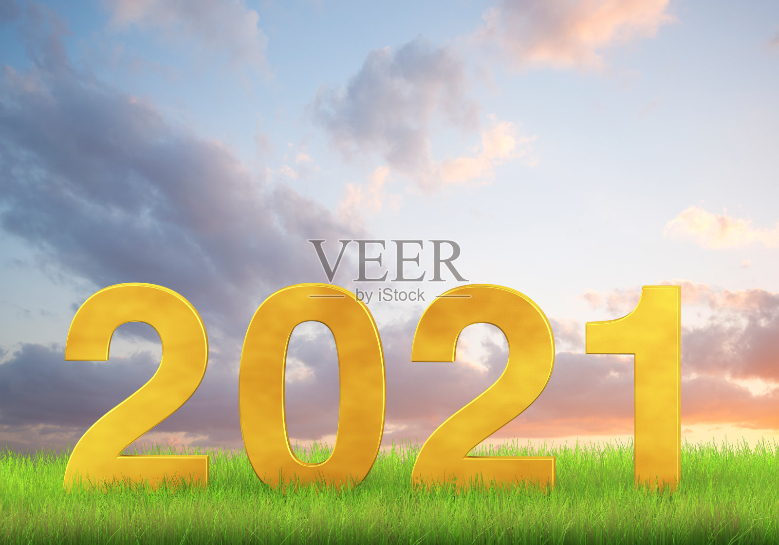 云景背景下郁郁葱葱的草地上的2021文字照片摄影图片