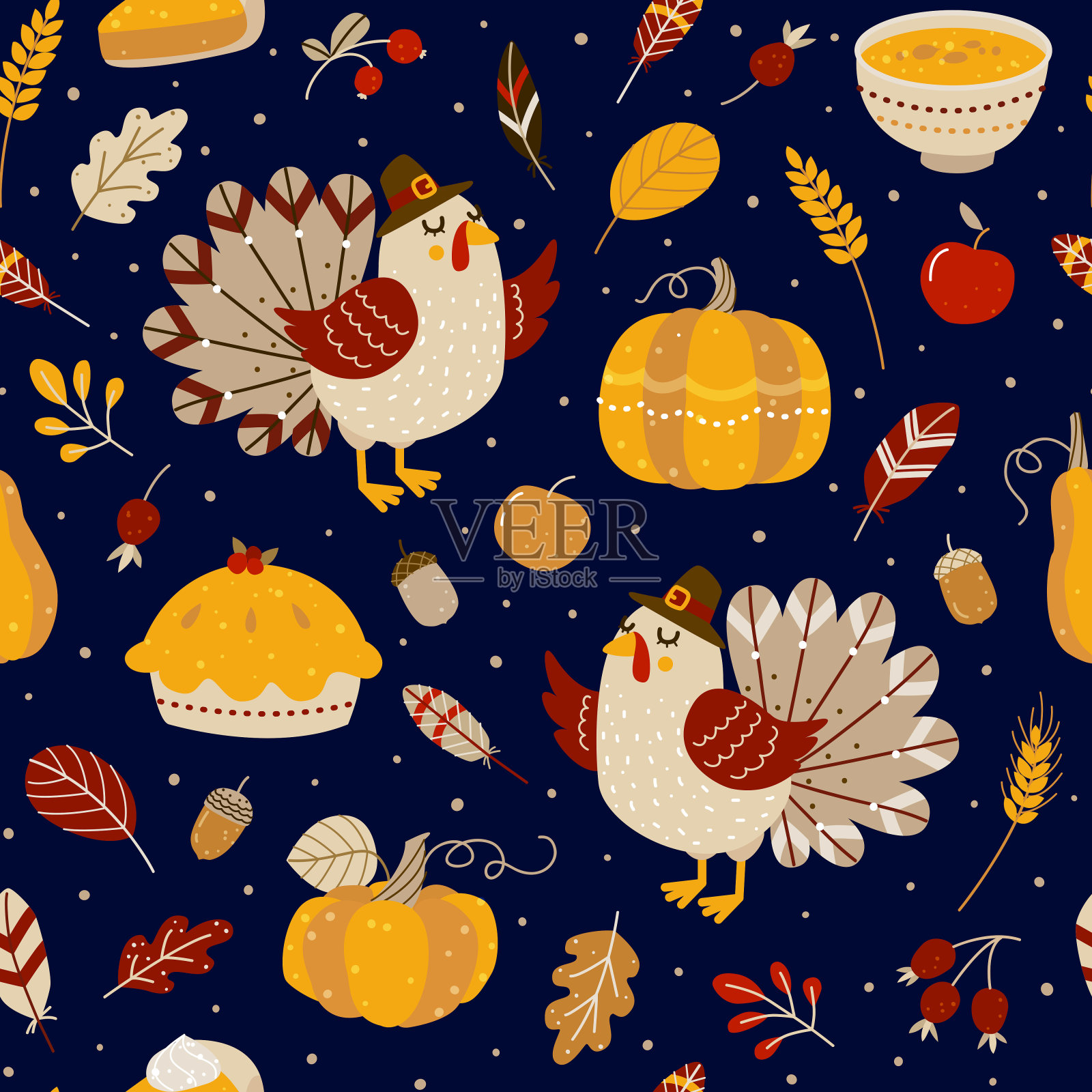 无缝图案与可爱的火鸡和秋天的元素为感恩节设计插画图片素材