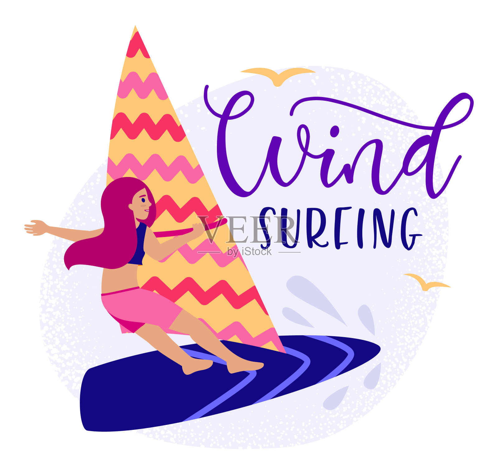 在风帆冲浪板上的卡通女孩-矢量插图在平坦的风格-夏天的模板与彩色的文本和年轻快乐的女人。插画图片素材