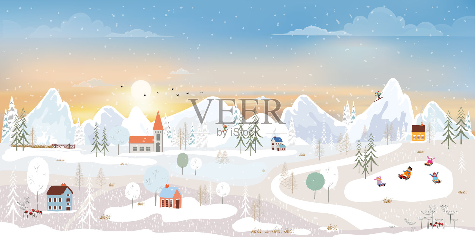 冬季景观，向量冬季仙境旗帜在村庄与快乐的孩子雪橇在公园和夫妇滑雪在山上，圣诞或新年背景插画图片素材