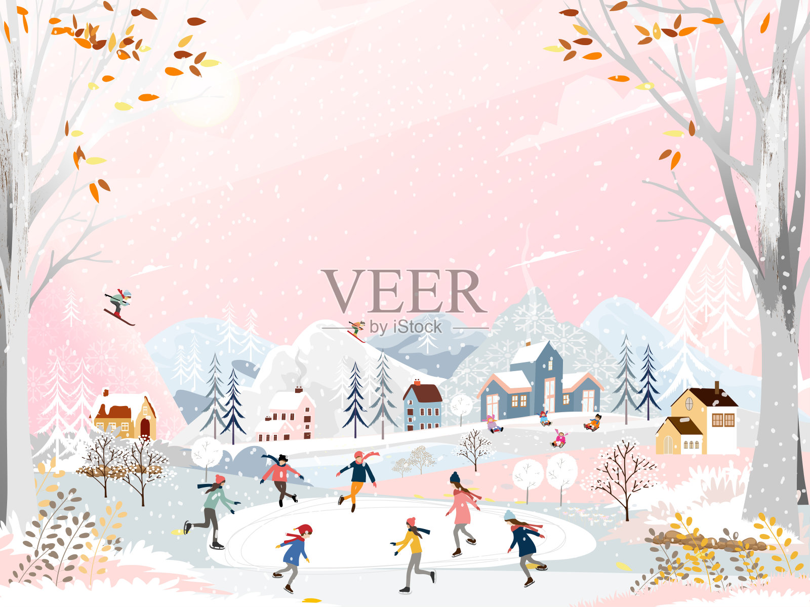 冬季景观在晚上与人们在新年做户外活动，向量城市景观在圣诞假期与人们庆祝，孩子玩冰鞋，青少年滑雪插画图片素材