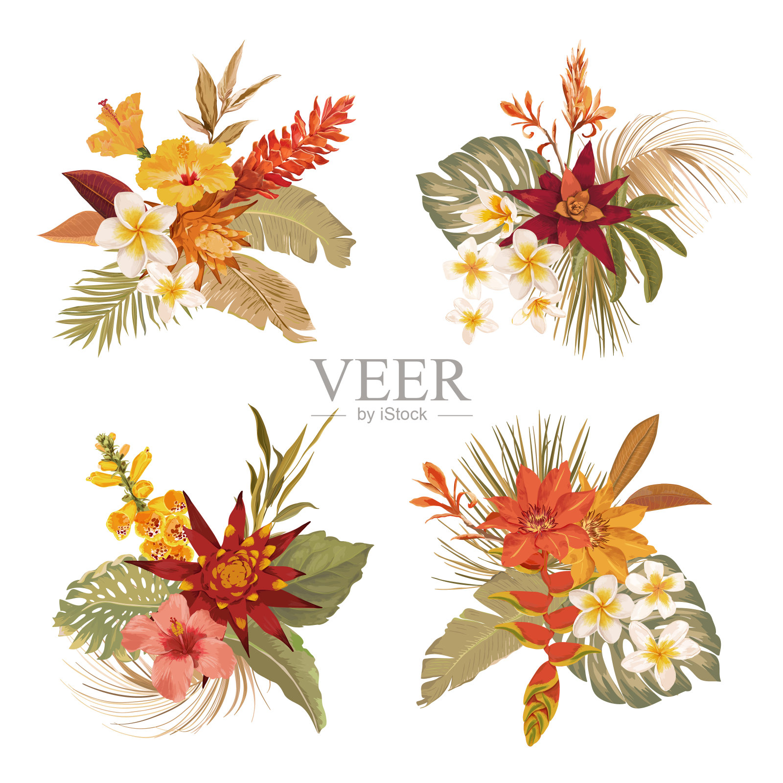 热带波西米亚花束收藏。水彩画花热带的花和叶。矢量设计孤立的元素棕榈树，夏威夷植物的婚礼装饰，派对邀请，夏季卡插画图片素材