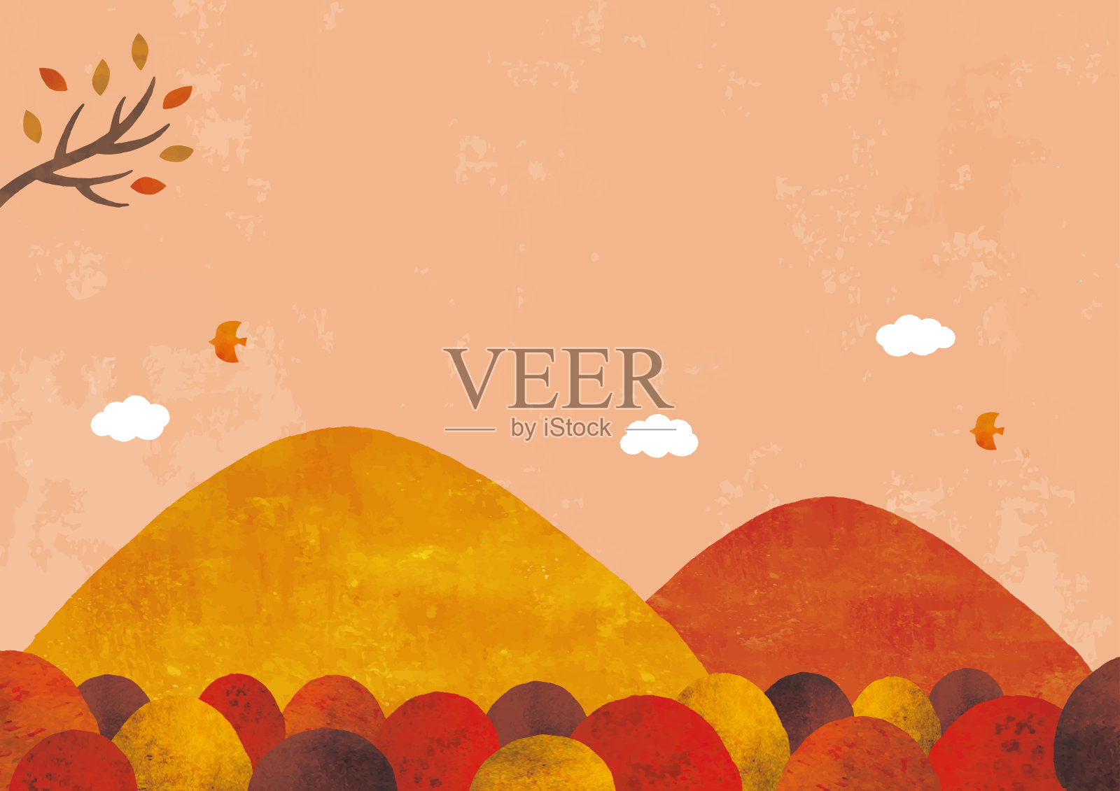 秋天的山和傍晚的天空水彩画插画图片素材