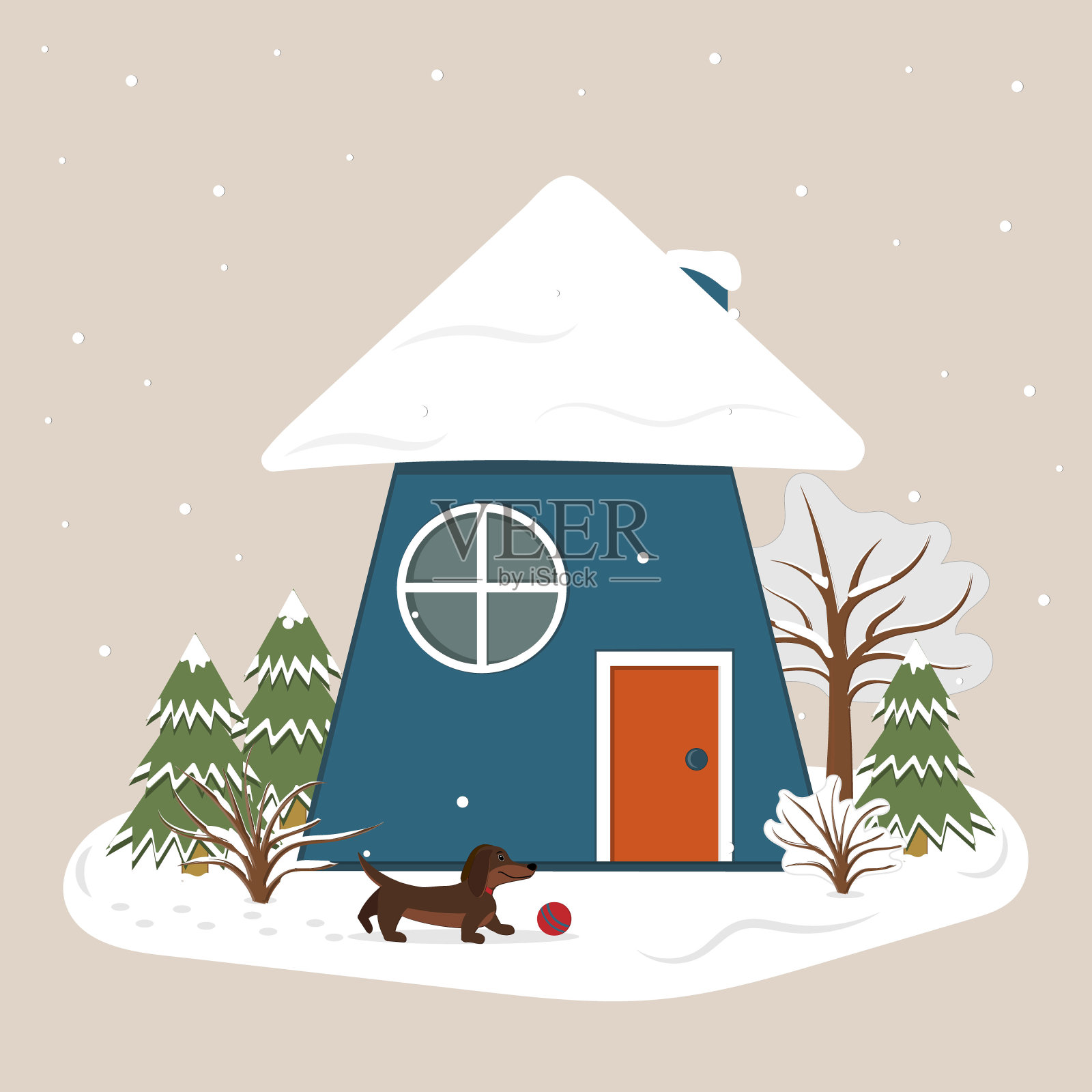 冬季景观，腊肠狗在一个冬季房子的背景打球，彩色矢量插图在平面风格，剪切，设计，装饰，旗帜设计元素图片
