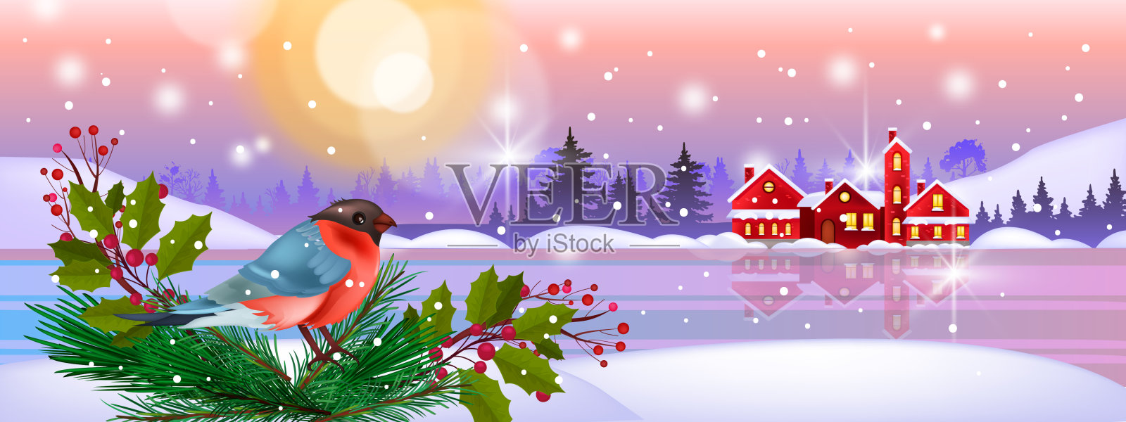 圣诞冬季矢量景观红腹灰雀，雪堆，小房子，冰冻的湖，冬天的太阳，森林。设计模板素材