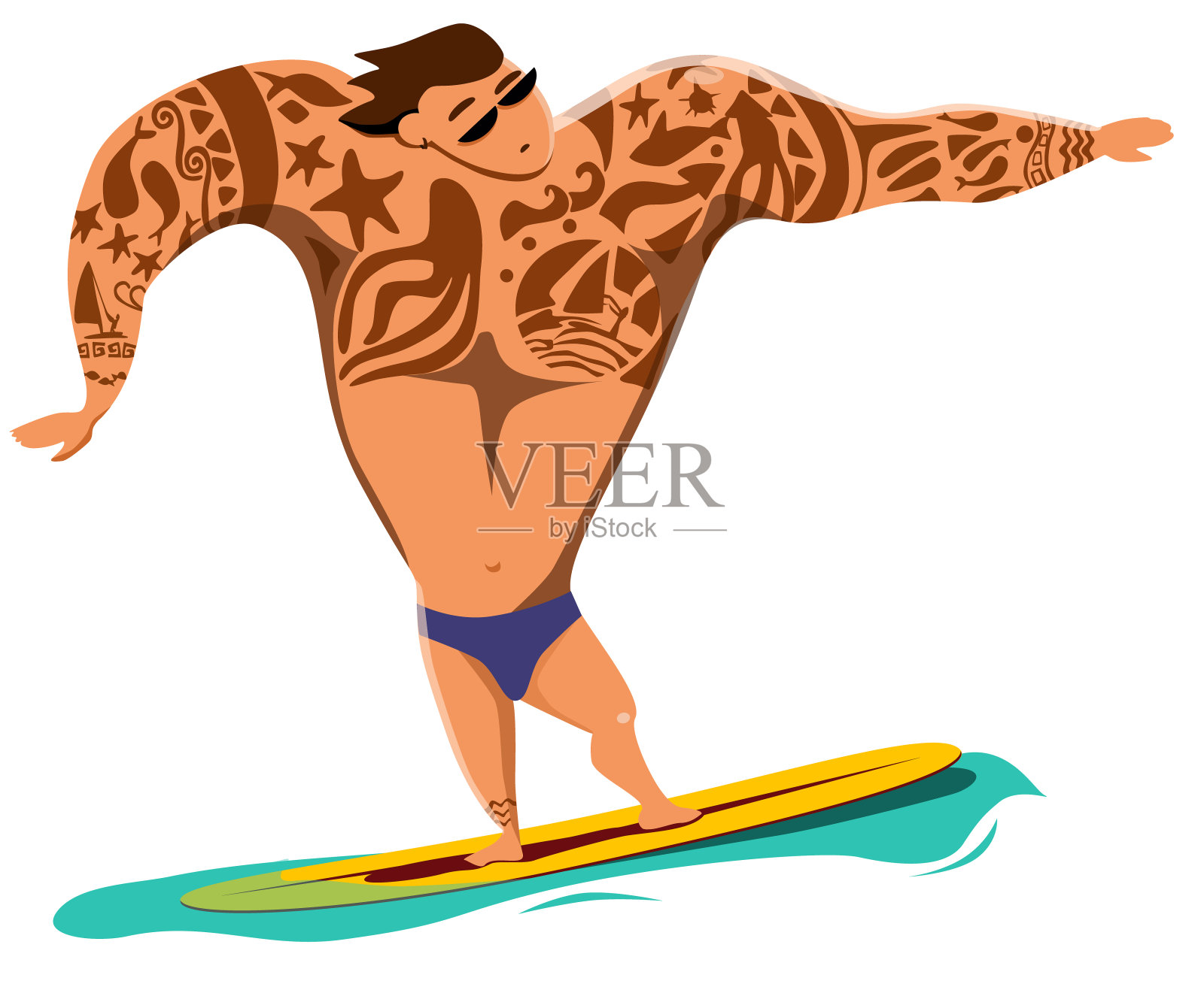 插图纹身冲浪者抓住了一个浪潮设计元素图片