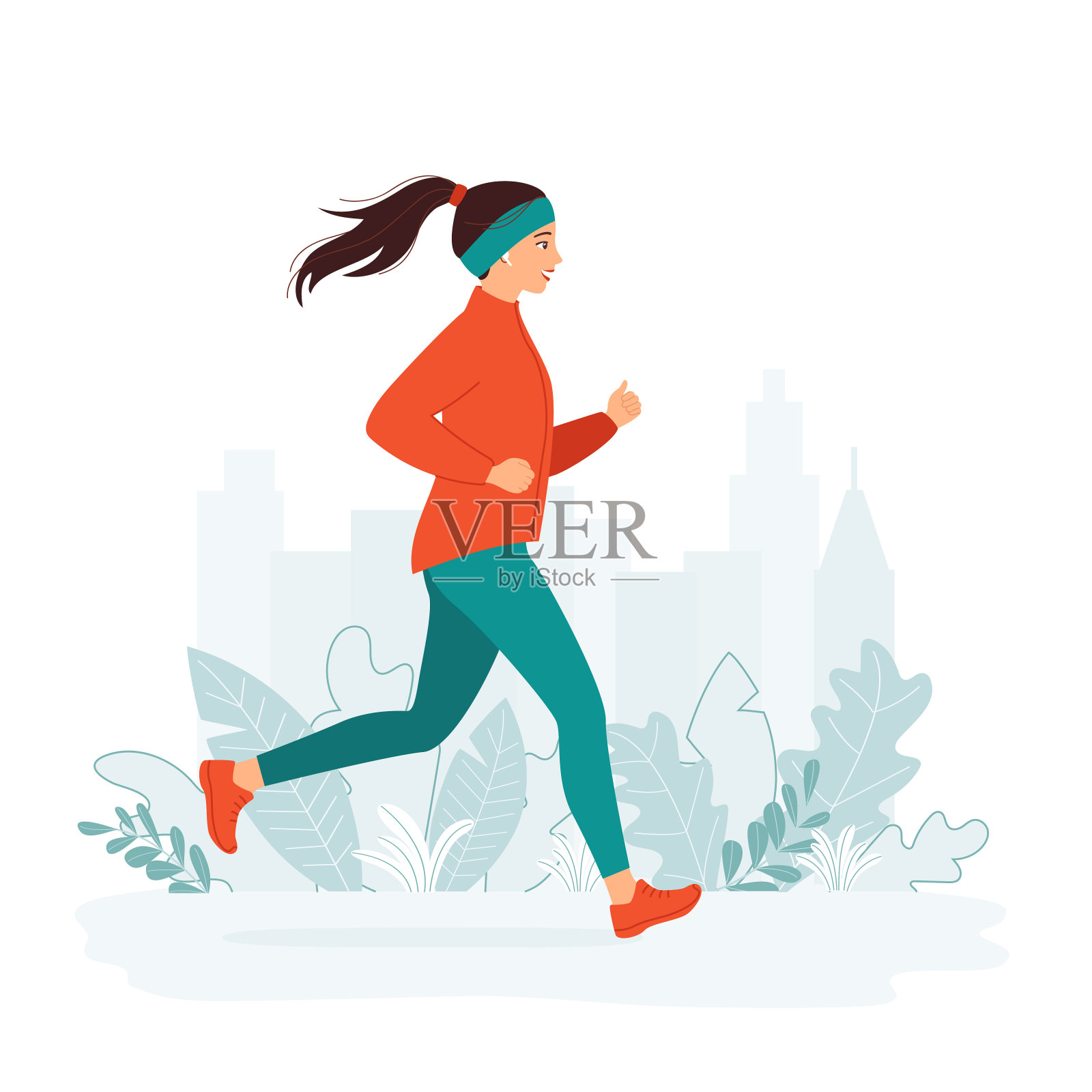 一名年轻女子在寒冷的季节在城市公园里跑步。积极健康的生活方式概念，慢跑，城市竞赛，马拉松，有氧运动，锻炼。矢量图插画图片素材