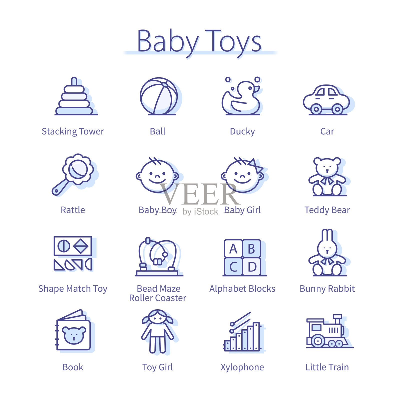 男孩和女孩婴儿玩具，洋娃娃，汽车，兔子，球，新生儿摇铃，泰迪熊，橡皮鸭，金字塔。幼儿园幼儿游戏的图标设置细线。儿童游戏线性矢量插图图标素材