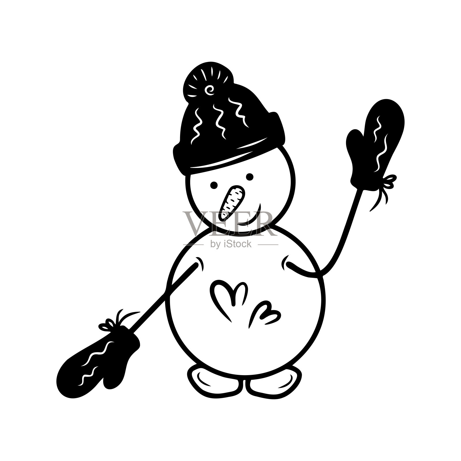 手画雪人戴着帽子和手套孤立在一个白色的背景。圣诞元素。涂鸦，简单的大纲插图。可用于纺织品、纸张的装饰。设计元素图片