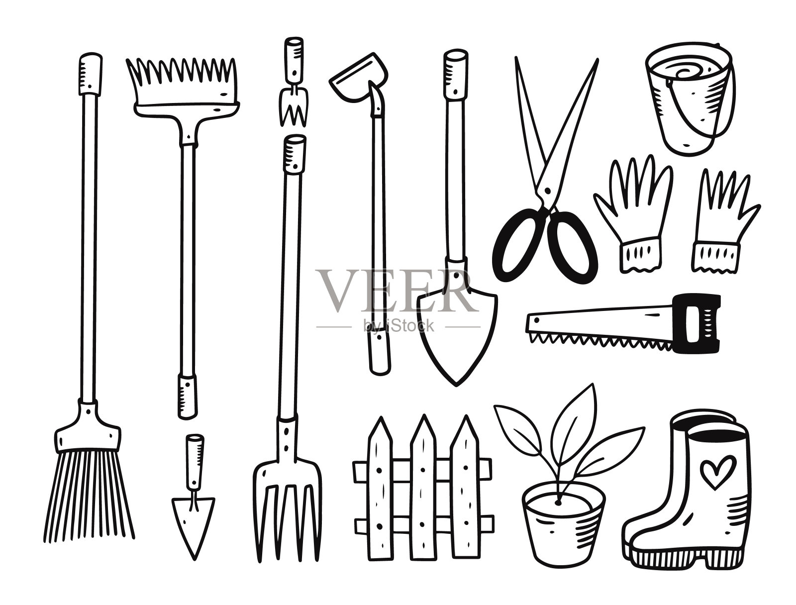 园艺工具集。涂鸦矢量插图。黑色的颜色。插画图片素材