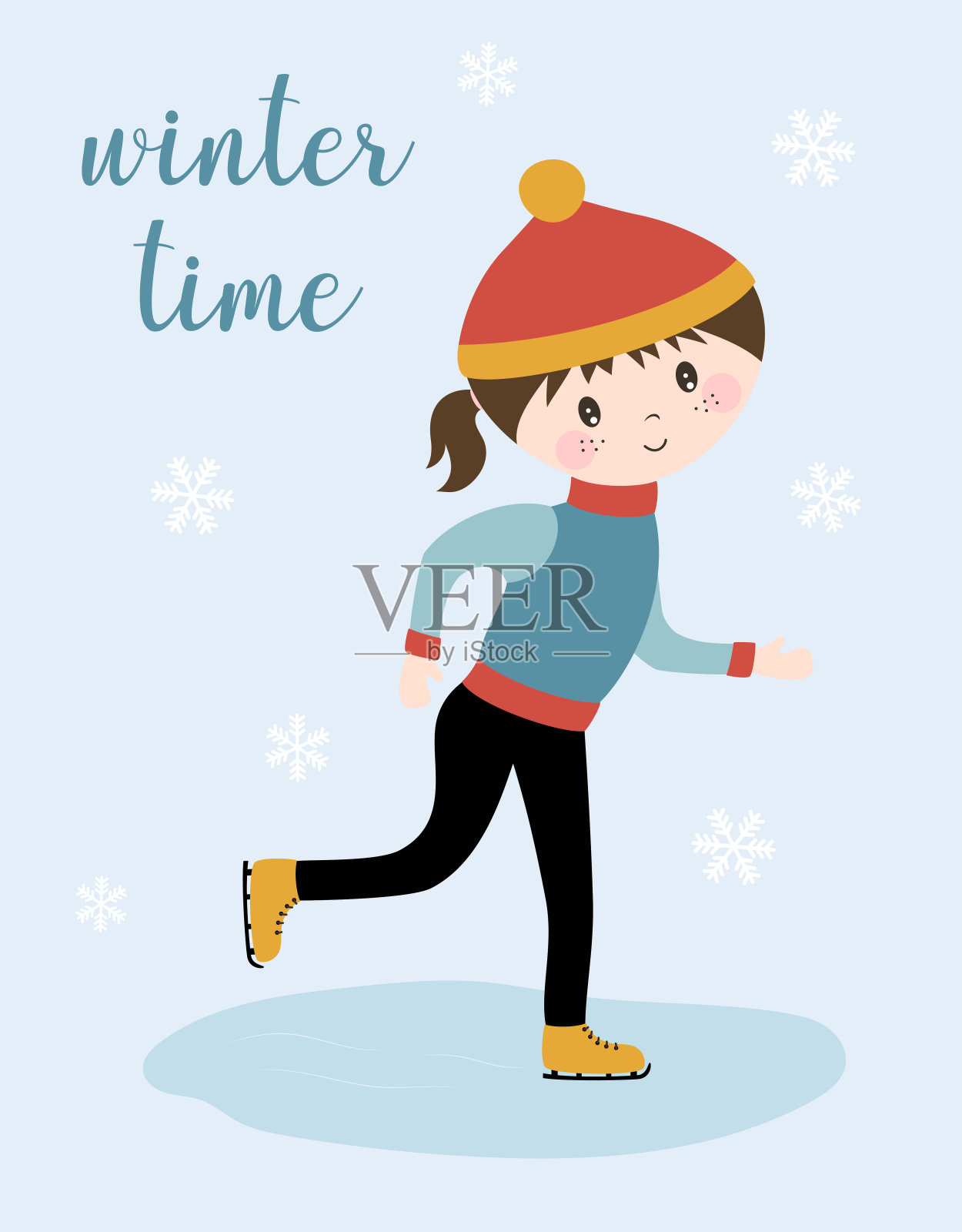 冬季卡片与女孩溜冰鞋，矢量插图插画图片素材