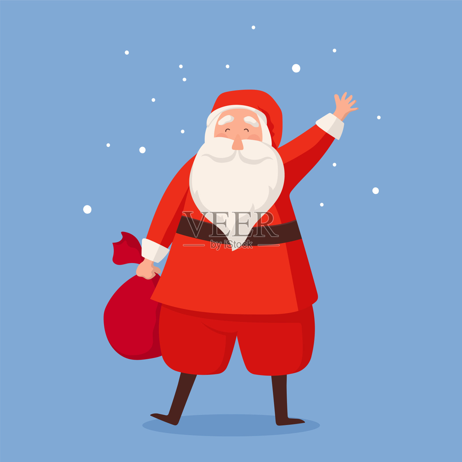 圣诞老人带着一袋礼物和雪花。插画图片素材