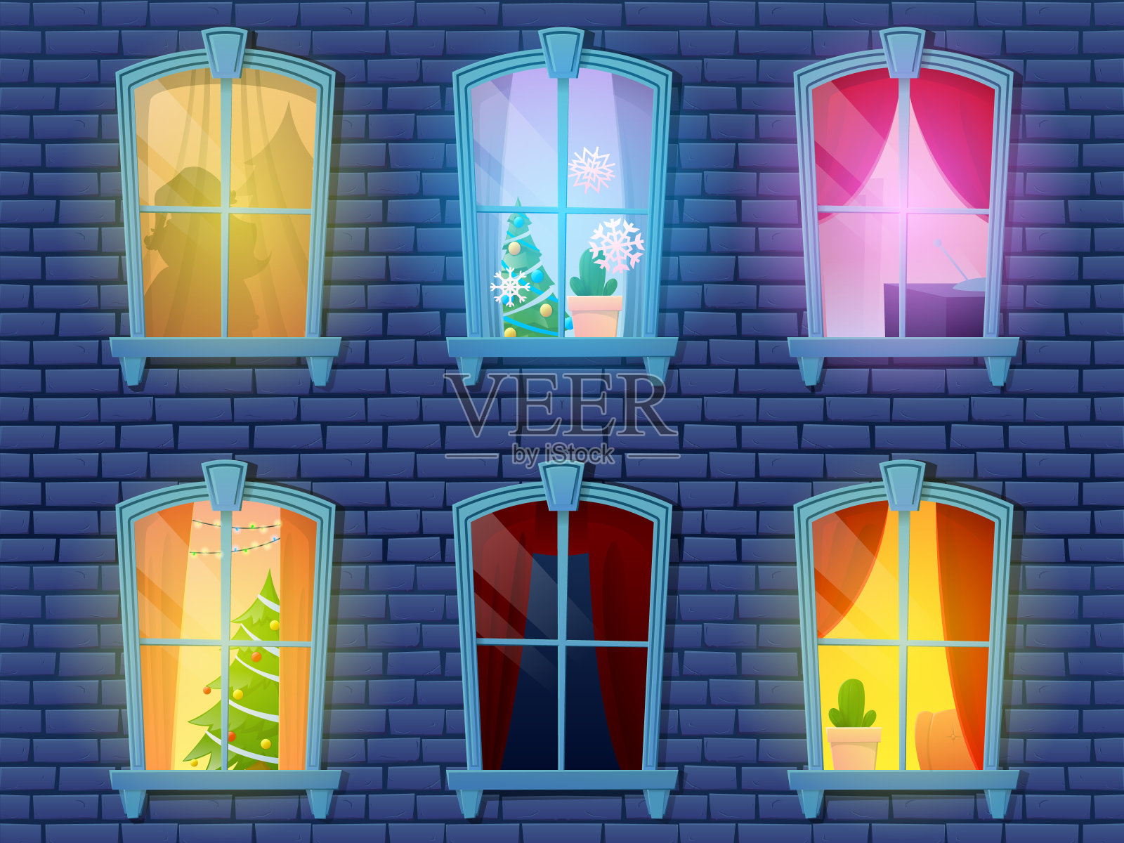 夜窗屋城堡用圣诞新年装饰。有圣诞窗的外墙窗玻璃。圣诞窗在圣诞节或新年的晚上。矢量图插画图片素材