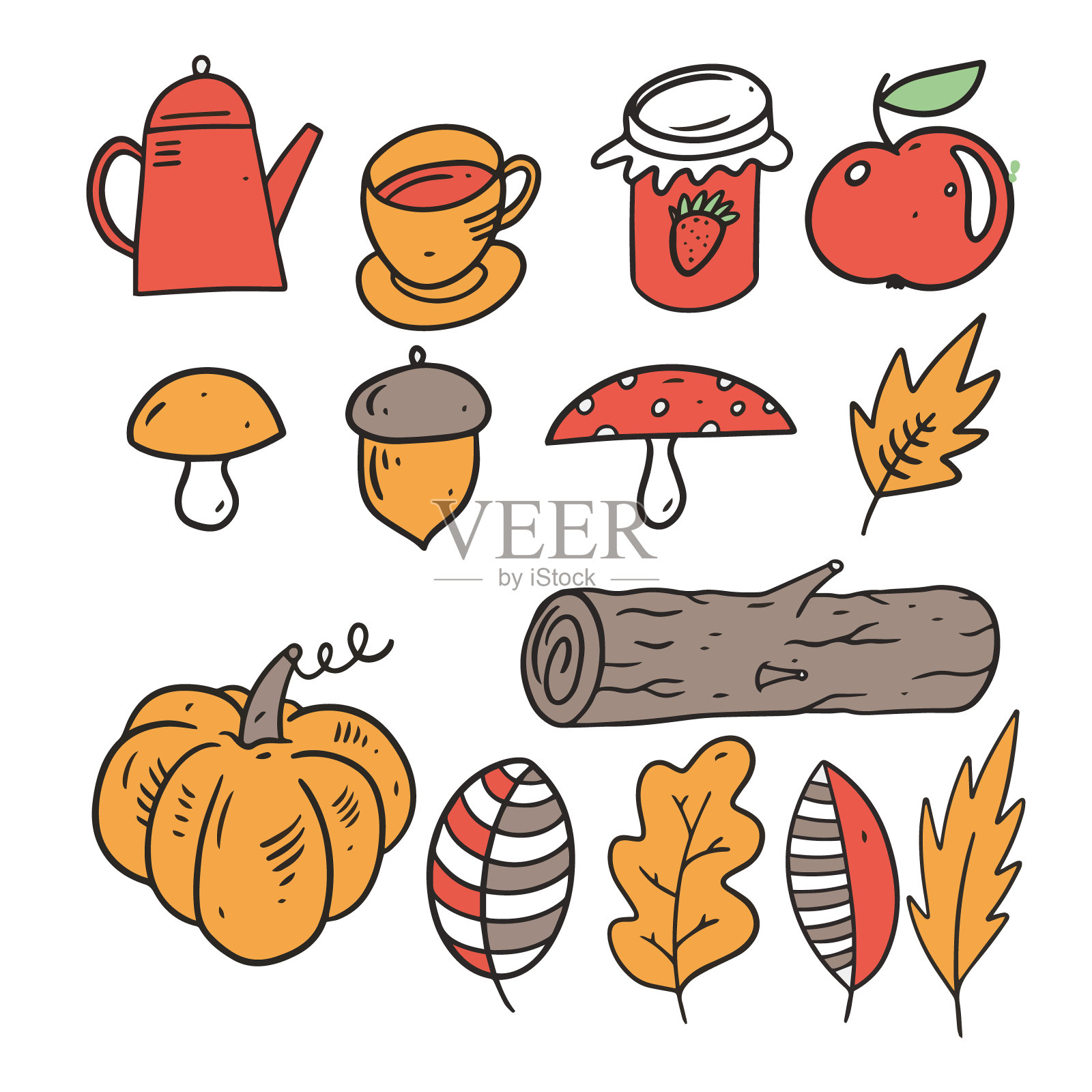 秋set, cup, teapot, jam, wood, leaf, pumpkin, nut, and leaves。线的艺术风格。插画图片素材