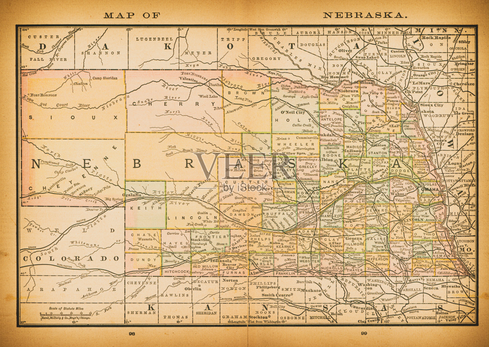 19世纪的内布拉斯加州地图插画图片素材