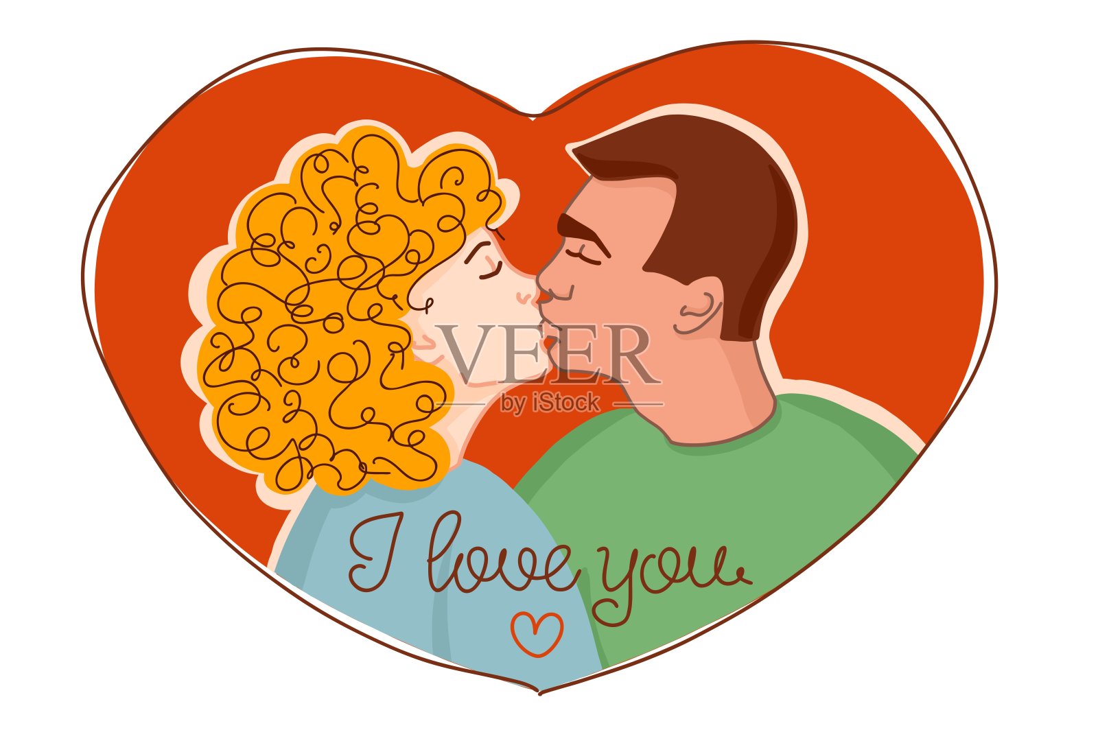 浪漫的插图。一对相爱的情侣，吻在心里。在白色背景上。一个男人和一个女孩在情人节设计元素图片