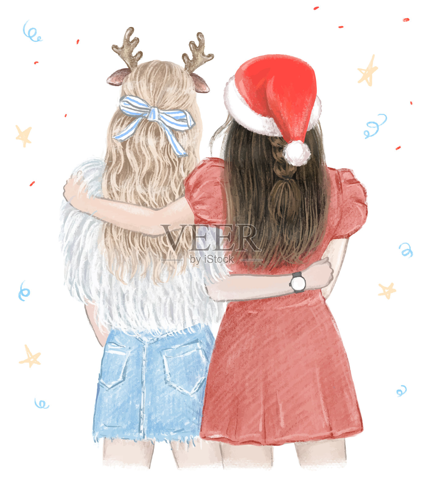 两个女孩，圣诞节最好的朋友。手绘插图插画图片素材