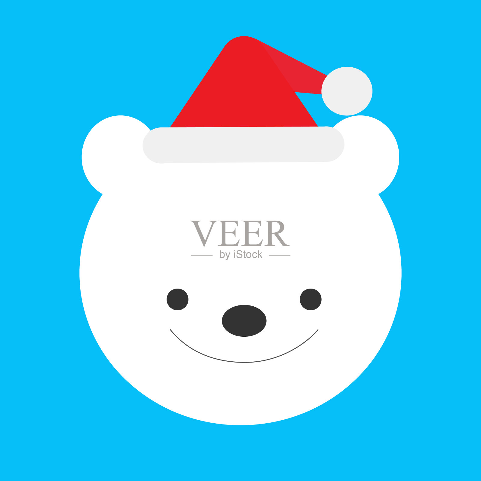 在冰蓝色背景中，北极熊戴着圣诞老人的帽子。简单，快乐和可爱的圣诞形象。插画图片素材