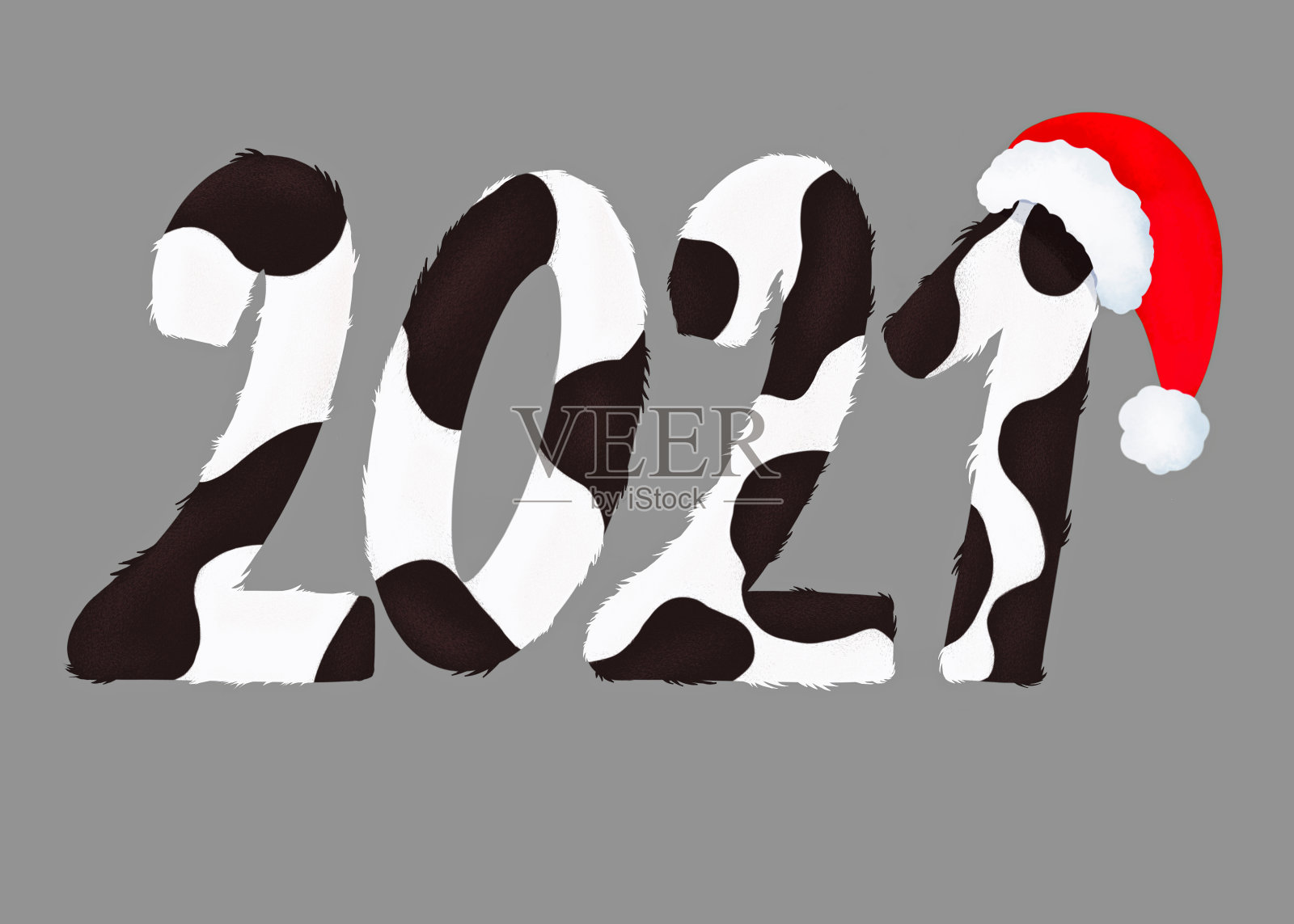 2021年在灰色背景的圣诞老人帽子插图上发现了毛茸茸的数字。新年快乐。创意字母与牛皮图案。名片设计插画图片素材