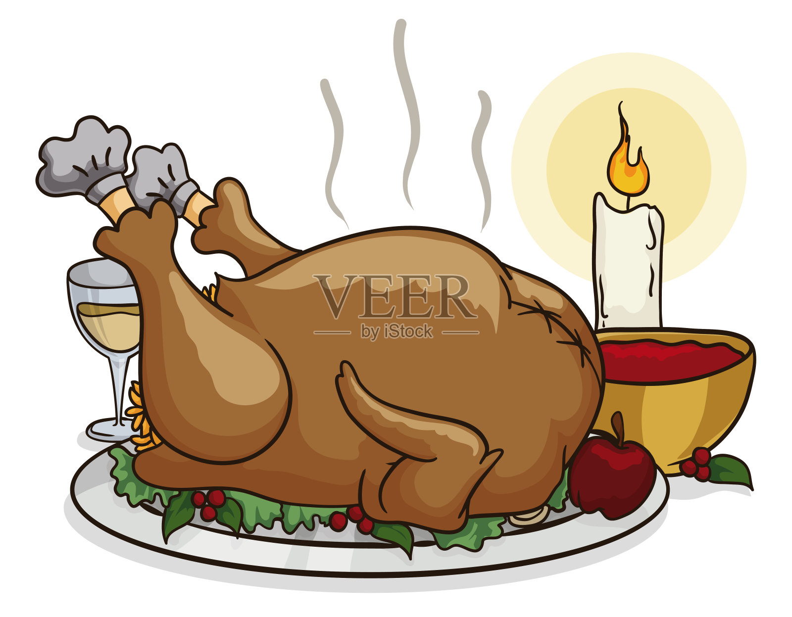 美味的感恩节晚餐，填充火鸡和蜡烛设计元素图片
